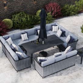 Grey 12 Seater Garden U Shaped Sofa Combo With Dining Table & Sofa