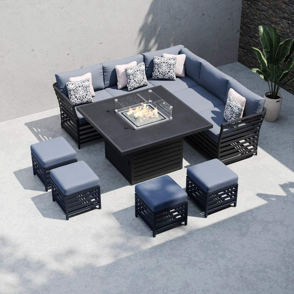Grey 9 Seater Garden Corner Sofa With Gas Fire Pit Dining Table by Moda