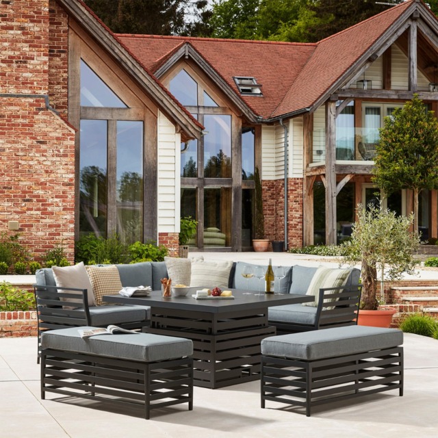 Moda Rising Table Grey 9 Seater Garden Corner Sofa With Square Rising Table And Benches ...