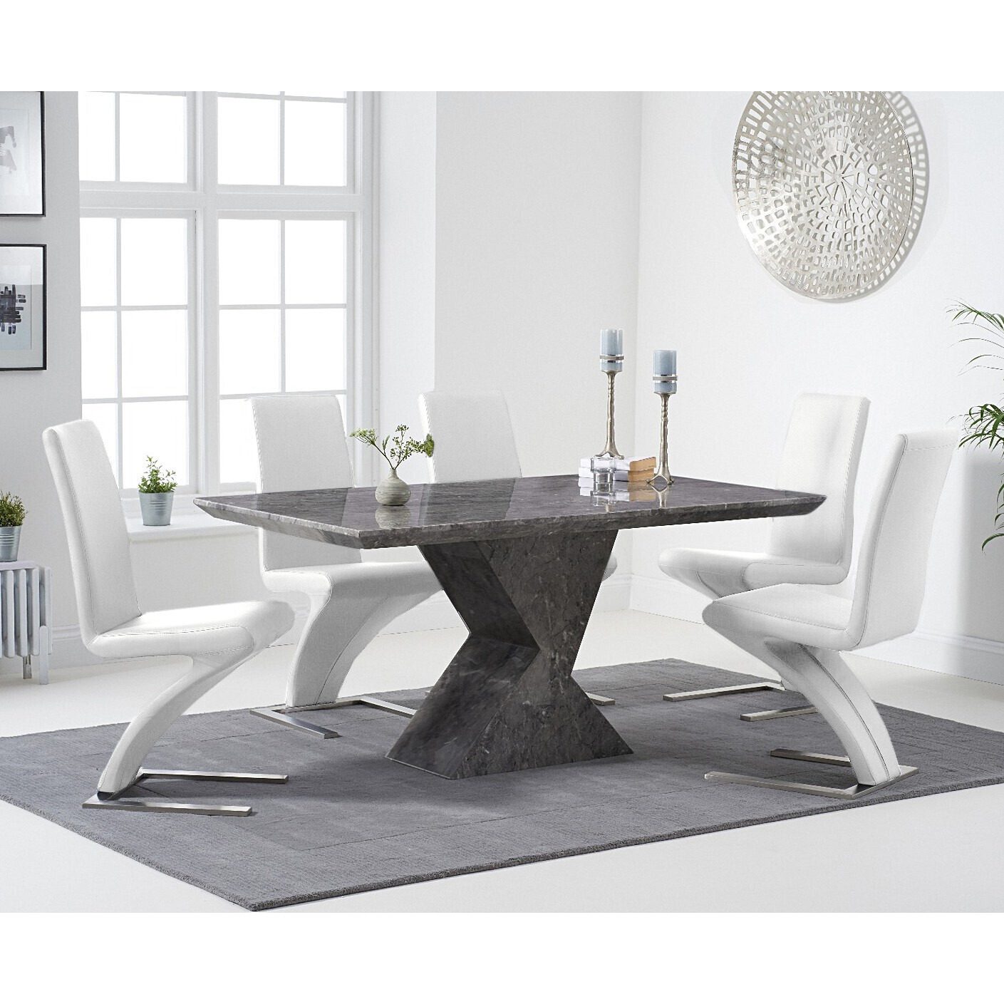 Aaron 160cm Grey Marble Dining Table With 6 White Aldo Chairs by Oak