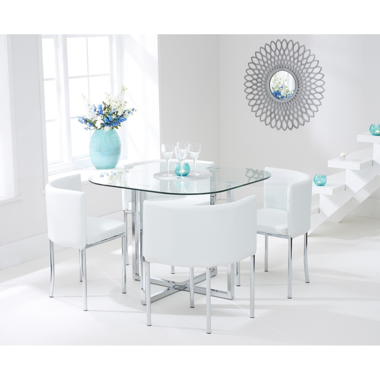 Algarve Clear Glass Dining Table With 4 White High Back Stools by Oak