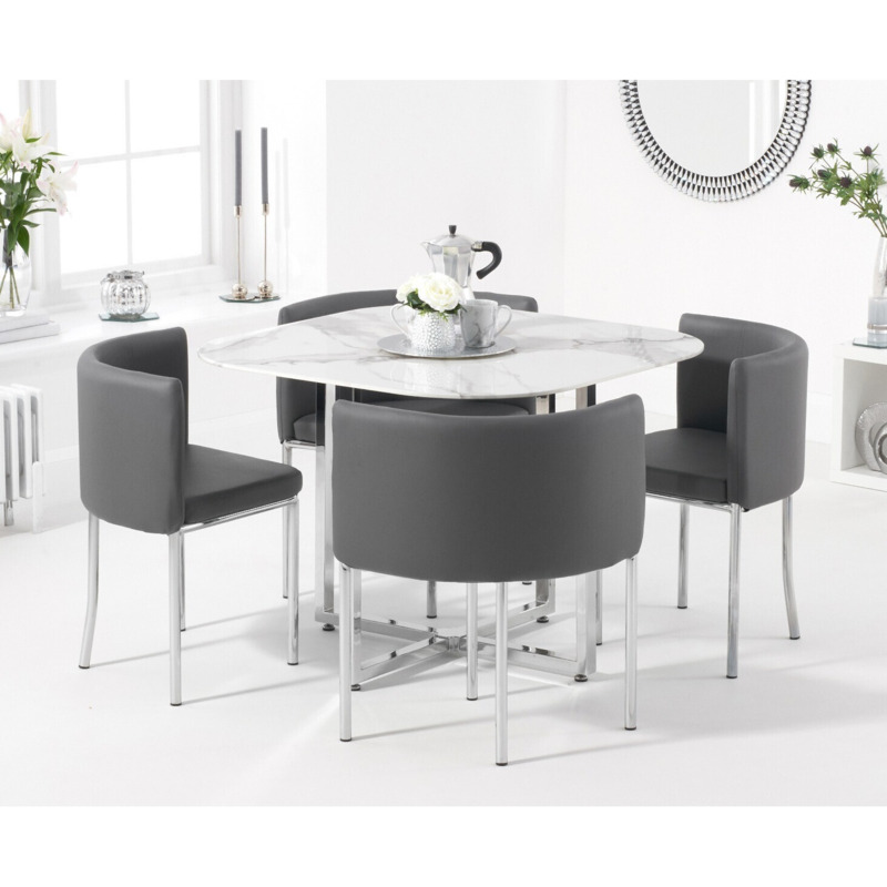 Algarve White Marble Dining Table With 4 Grey High Back Stools by Oak