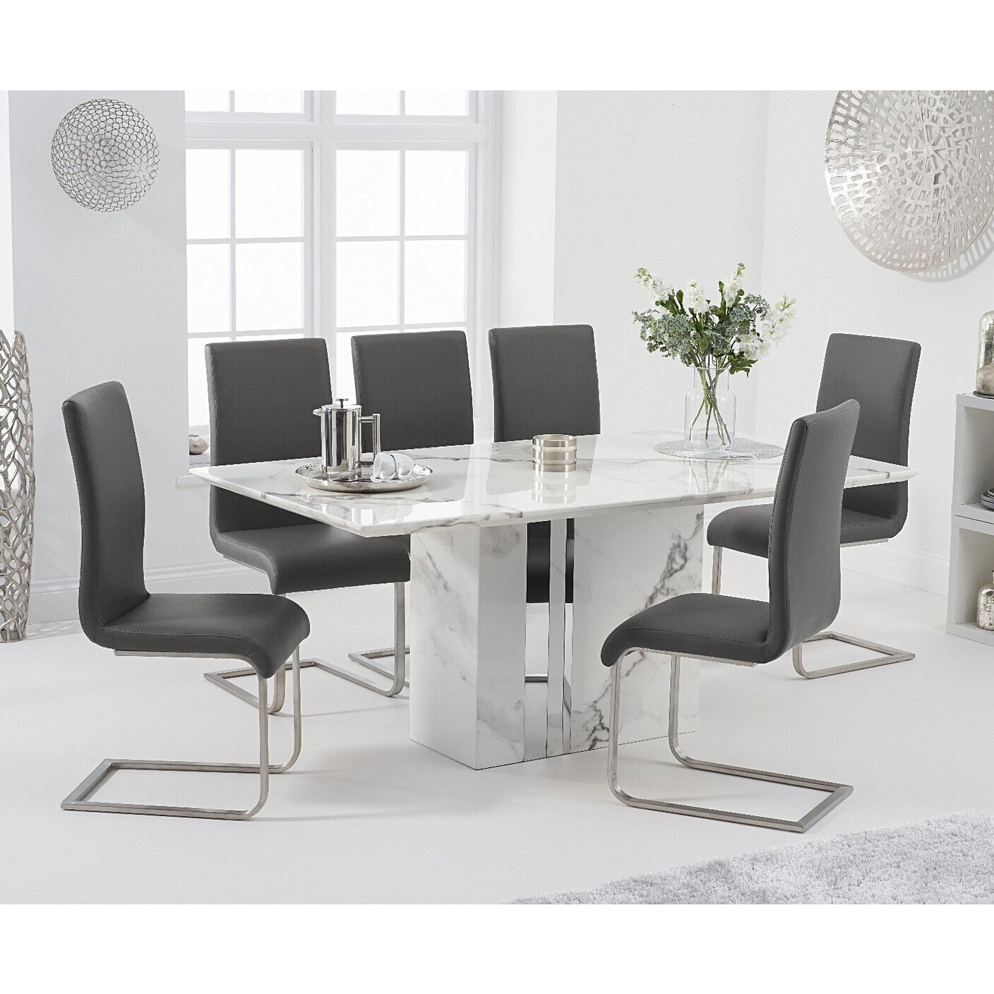Alicia 180cm White Marble Dining Table With 4 Grey Austin Chairs by Oak ...