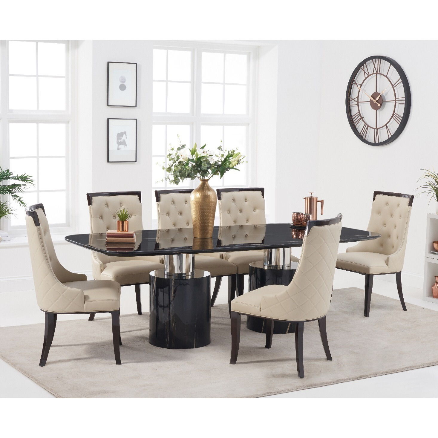 Antonio 180cm Black Marble Dining Table With 4 Cream Francesca Chairs