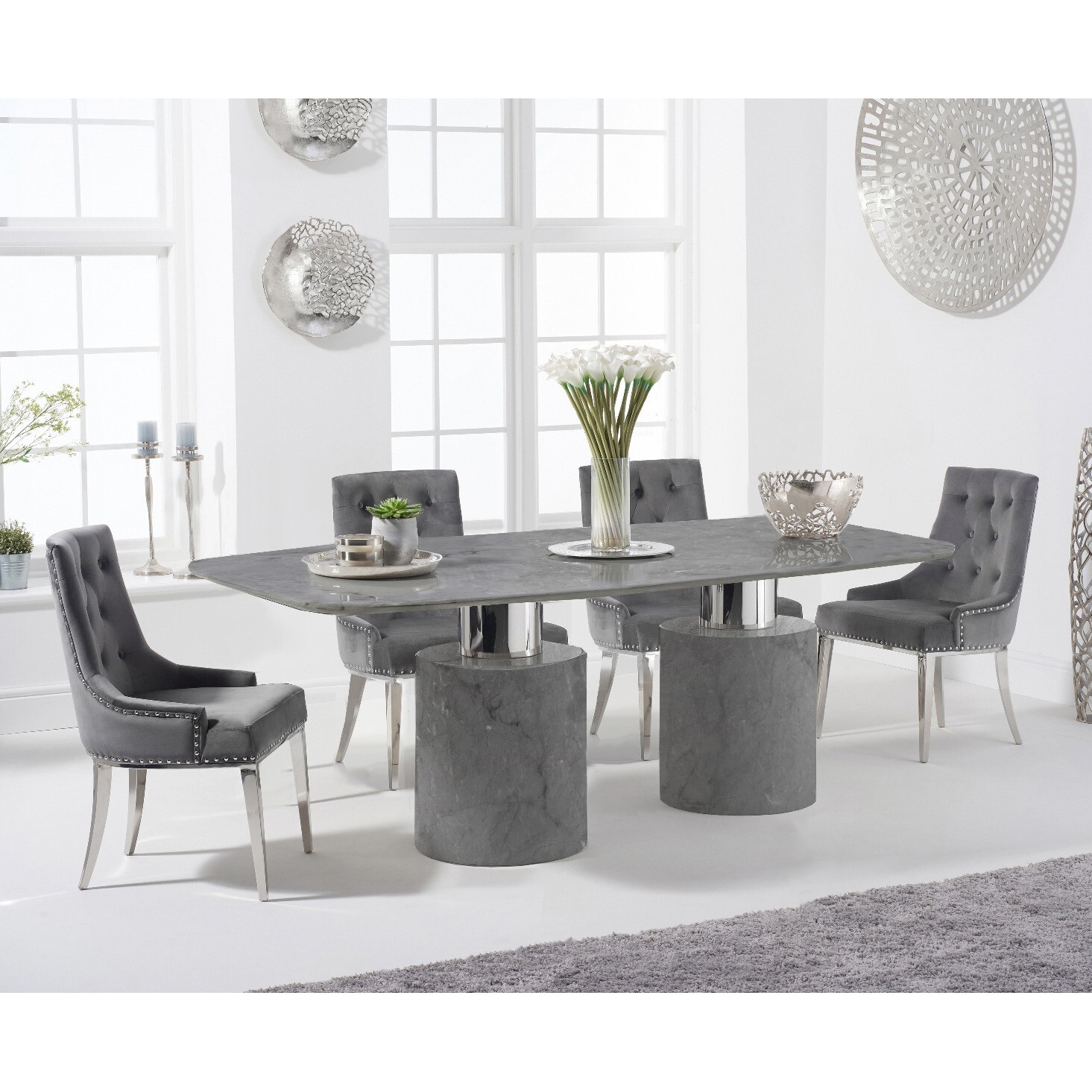 Antonio 180cm Grey Marble Table With 6 Grey Sienna Velvet Chairs by Oak