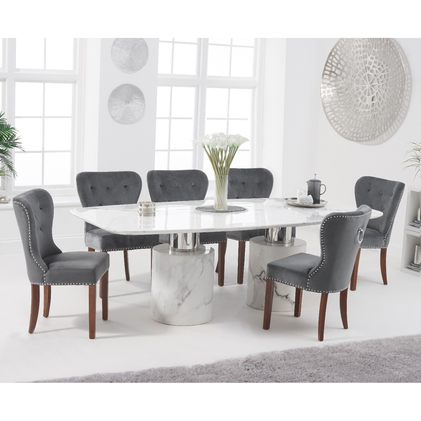 Antonio 220cm White Marble Dining Table With 6 Grey Keswick Chairs by