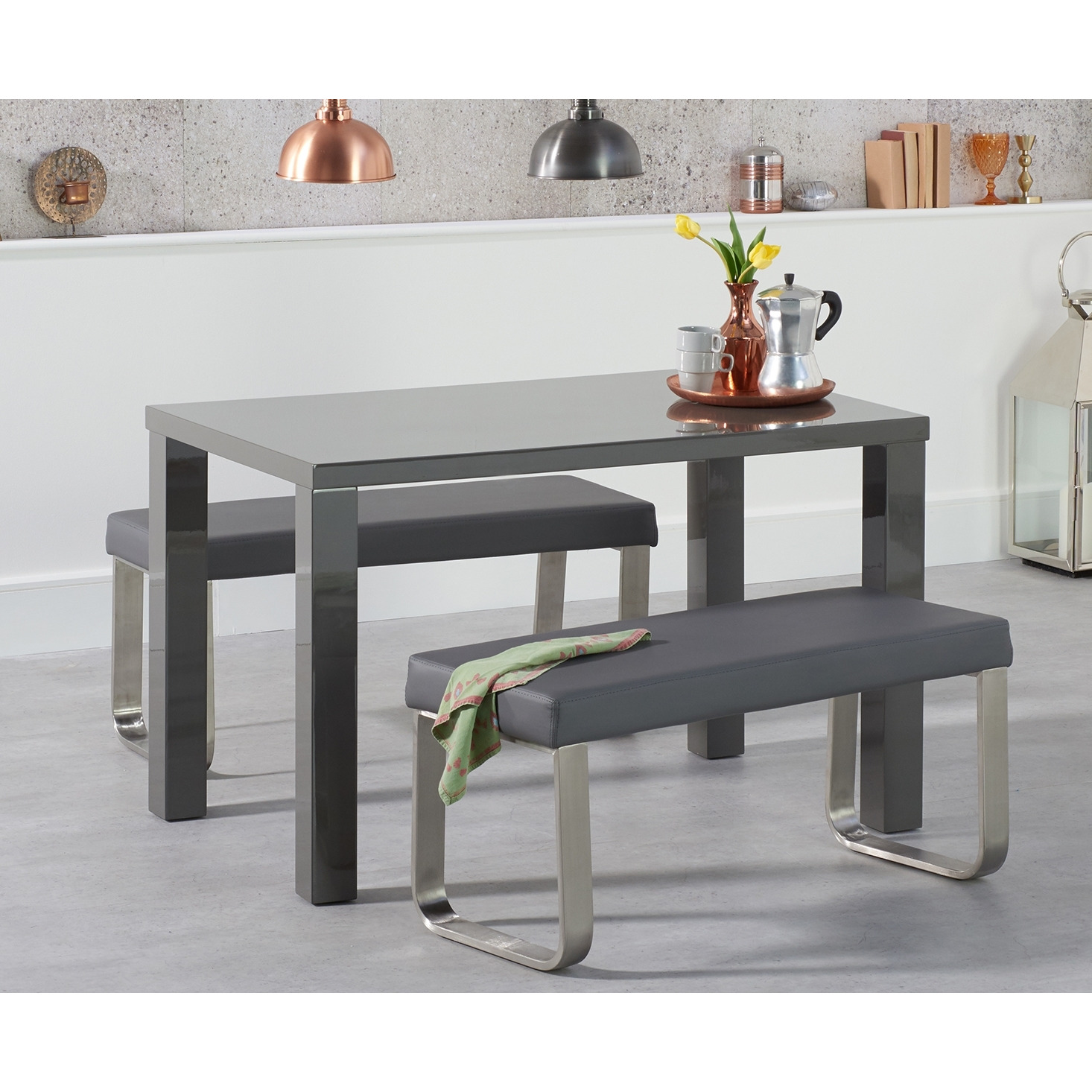 Atlanta 120cm Dark Grey High Gloss Dining Table with Austin Benches by