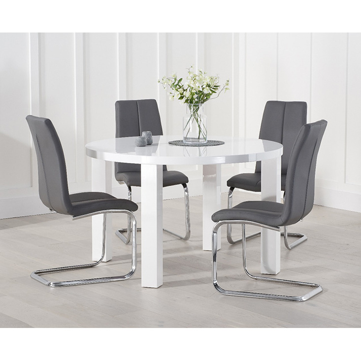 Atlanta 120cm White High Gloss Round Dining Table With 4 Grey Gianni