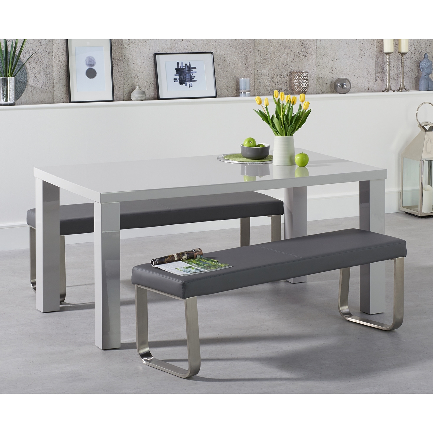 Atlanta 160cm Light Grey High Gloss Dining Table with Austin Benches by