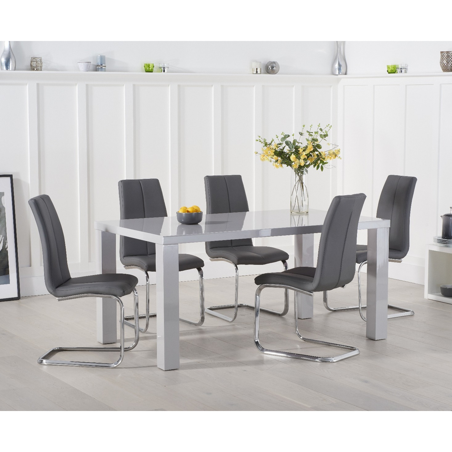 Atlanta 160cm Light Grey High Gloss Dining Table With 4 Grey Gianni