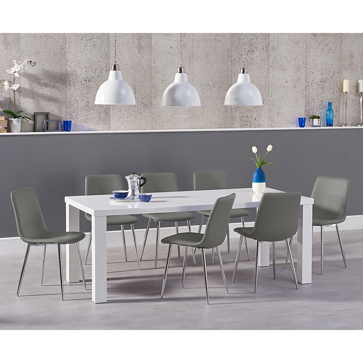 Atlanta 160cm White High Gloss Dining Table With 6 Grey Astrid Faux