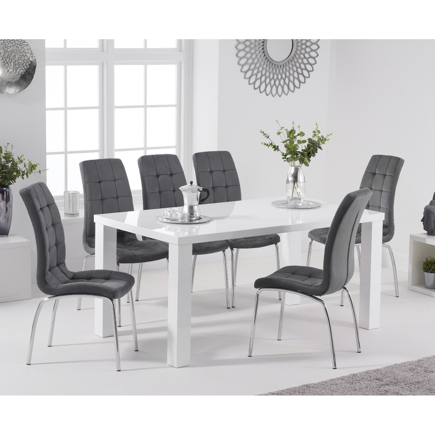 Atlanta 160cm White High Gloss Table With 4 Grey Enzo Velvet Chairs by