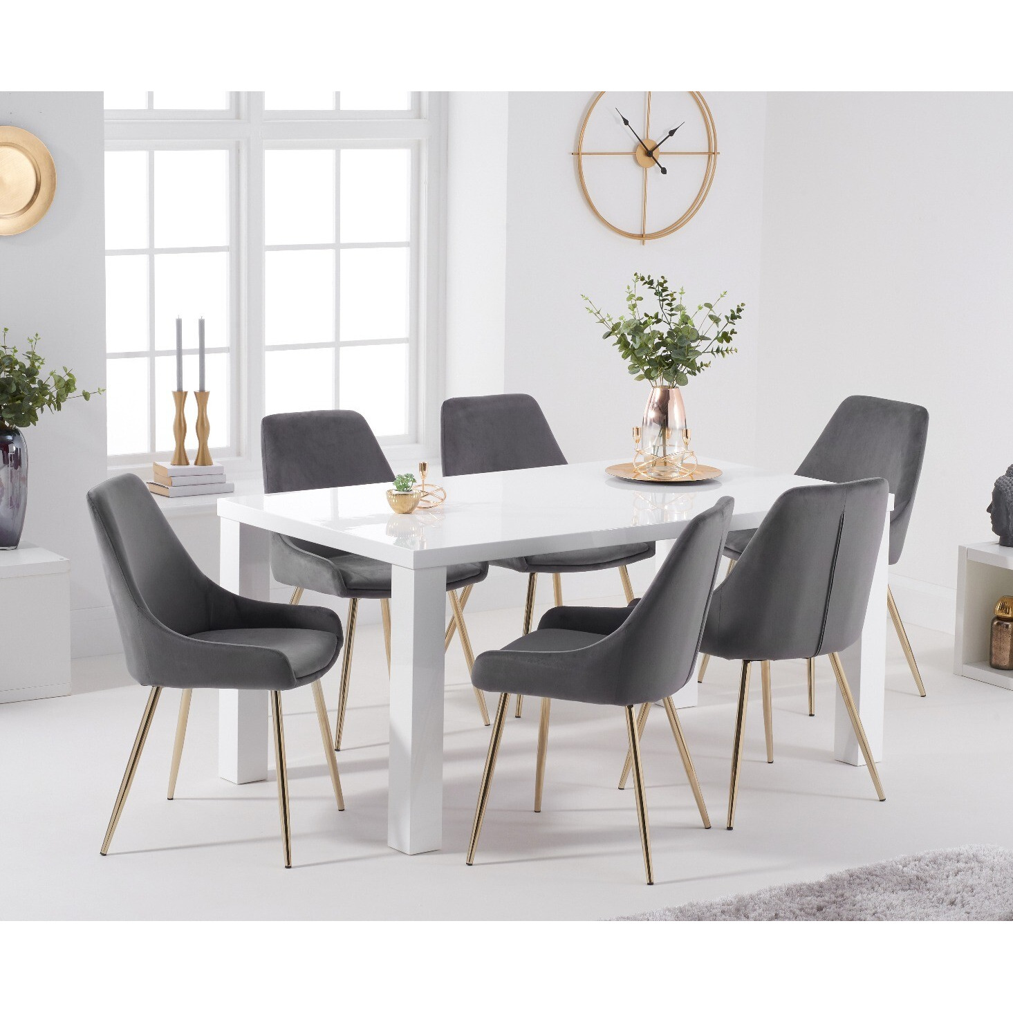 Atlanta 160cm White High Gloss Table With 4 Grey Lola Velvet Chairs by