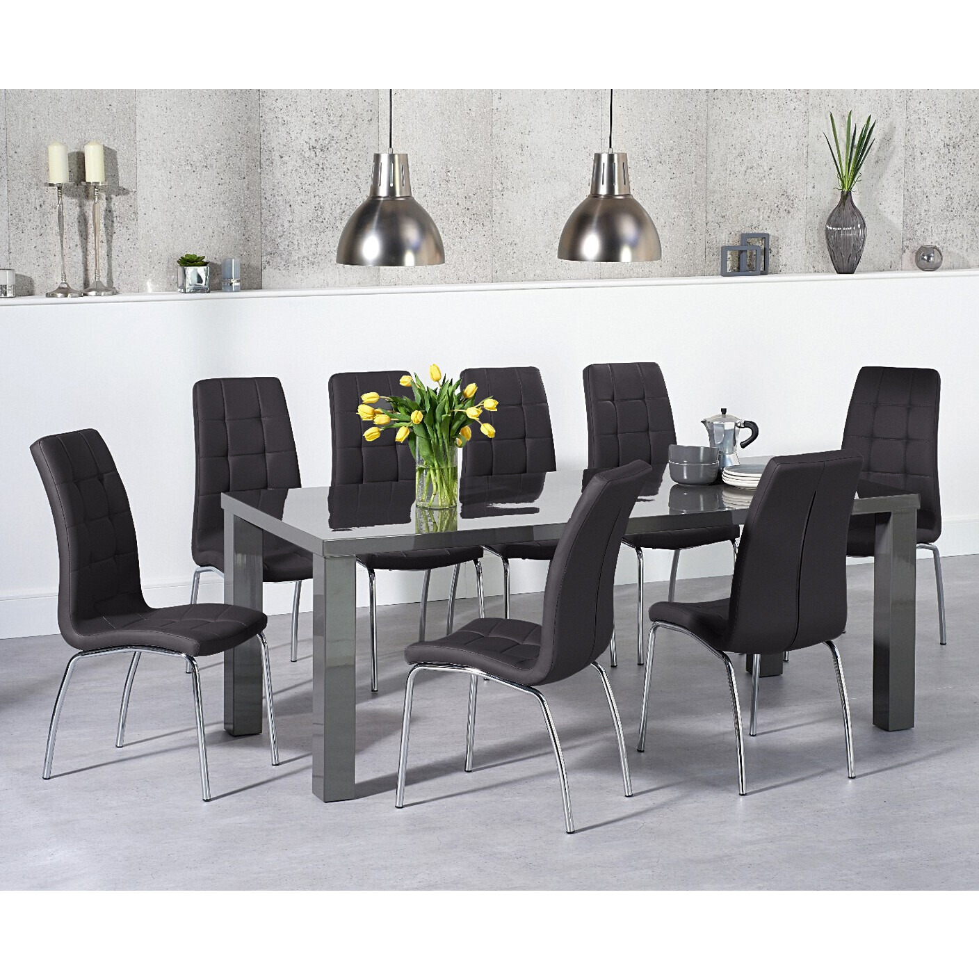 Atlanta 200cm Dark Grey High Gloss Dining Table with 6 Cream Enzo