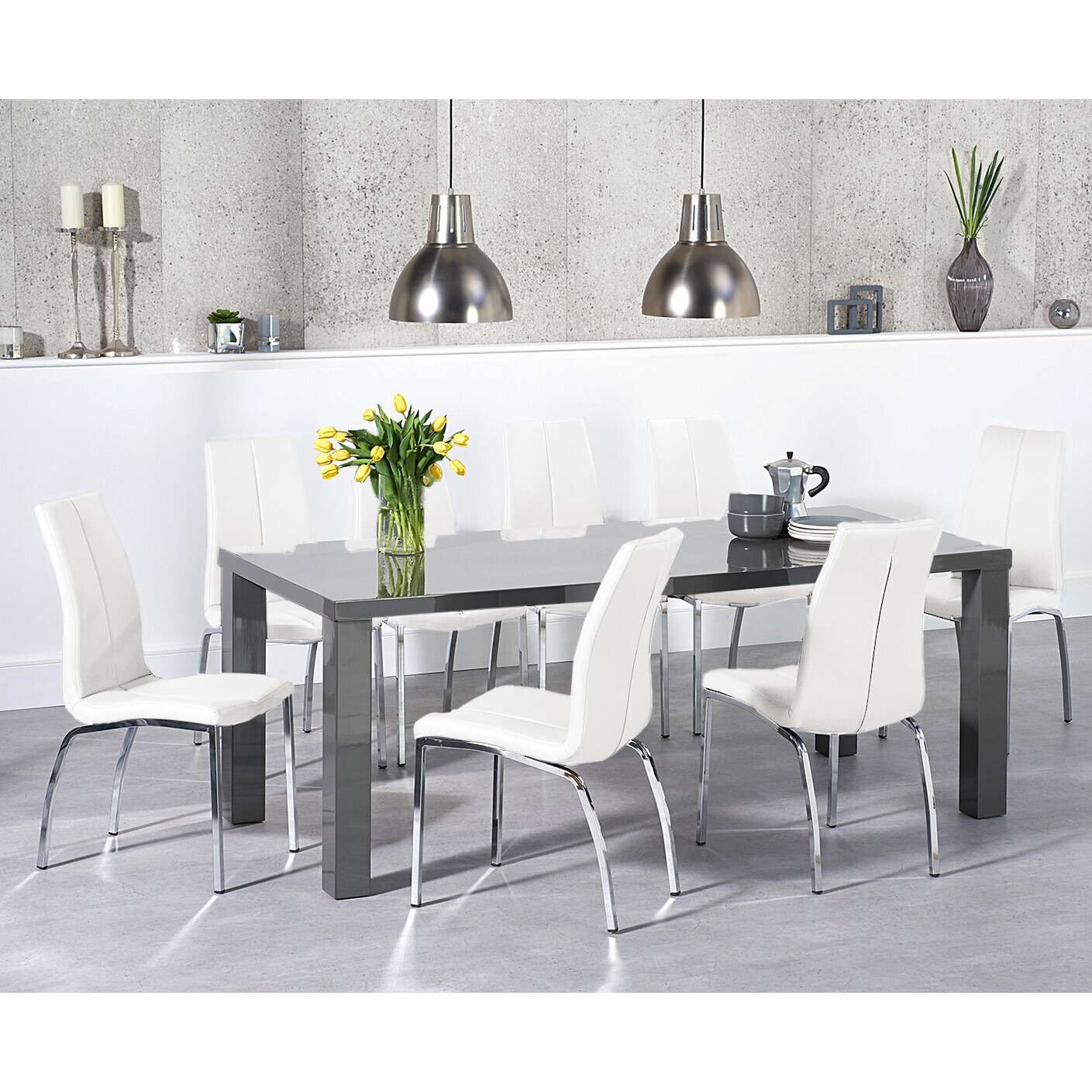Atlanta 200cm Dark Grey High Gloss Dining Table with 6 Black Marco