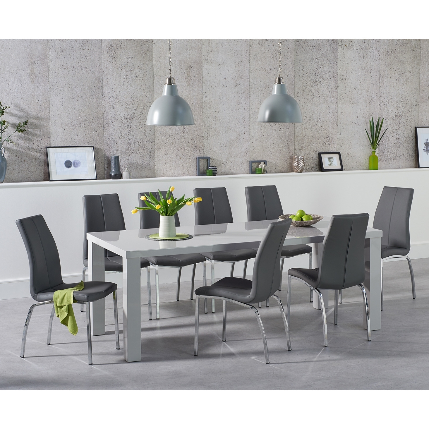 Atlanta 200cm Light Grey High Gloss Dining Table with 8 Black Marco