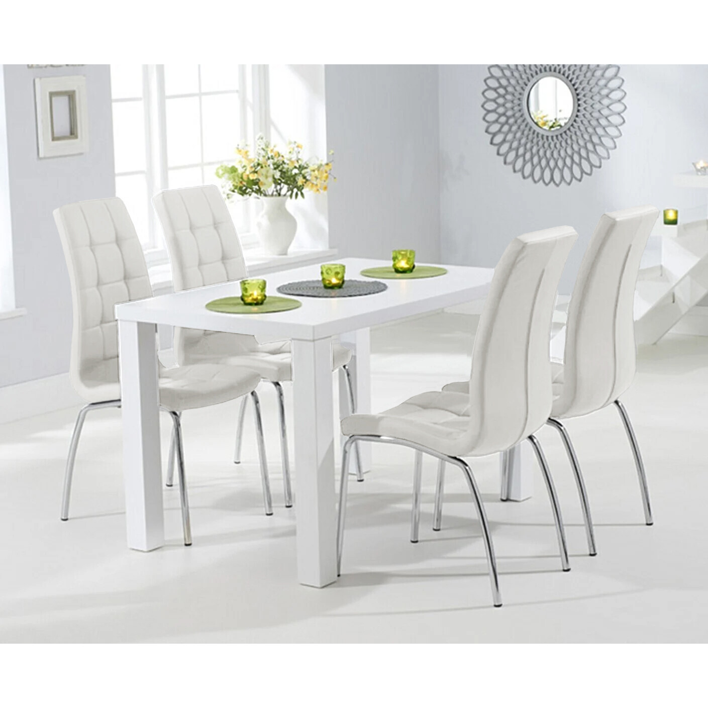 Seattle 120cm White High Gloss Dining Table With 4 Black Enzo Chairs by