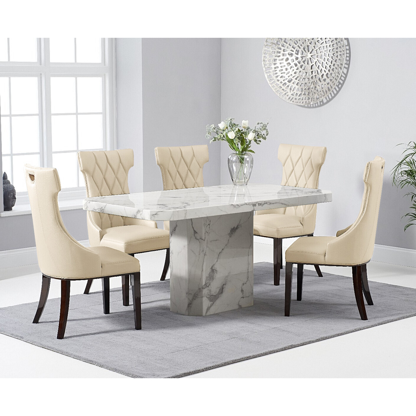 Belle 160cm White Marble Dining Table With 4 Cream Sophia Chairs by Oak