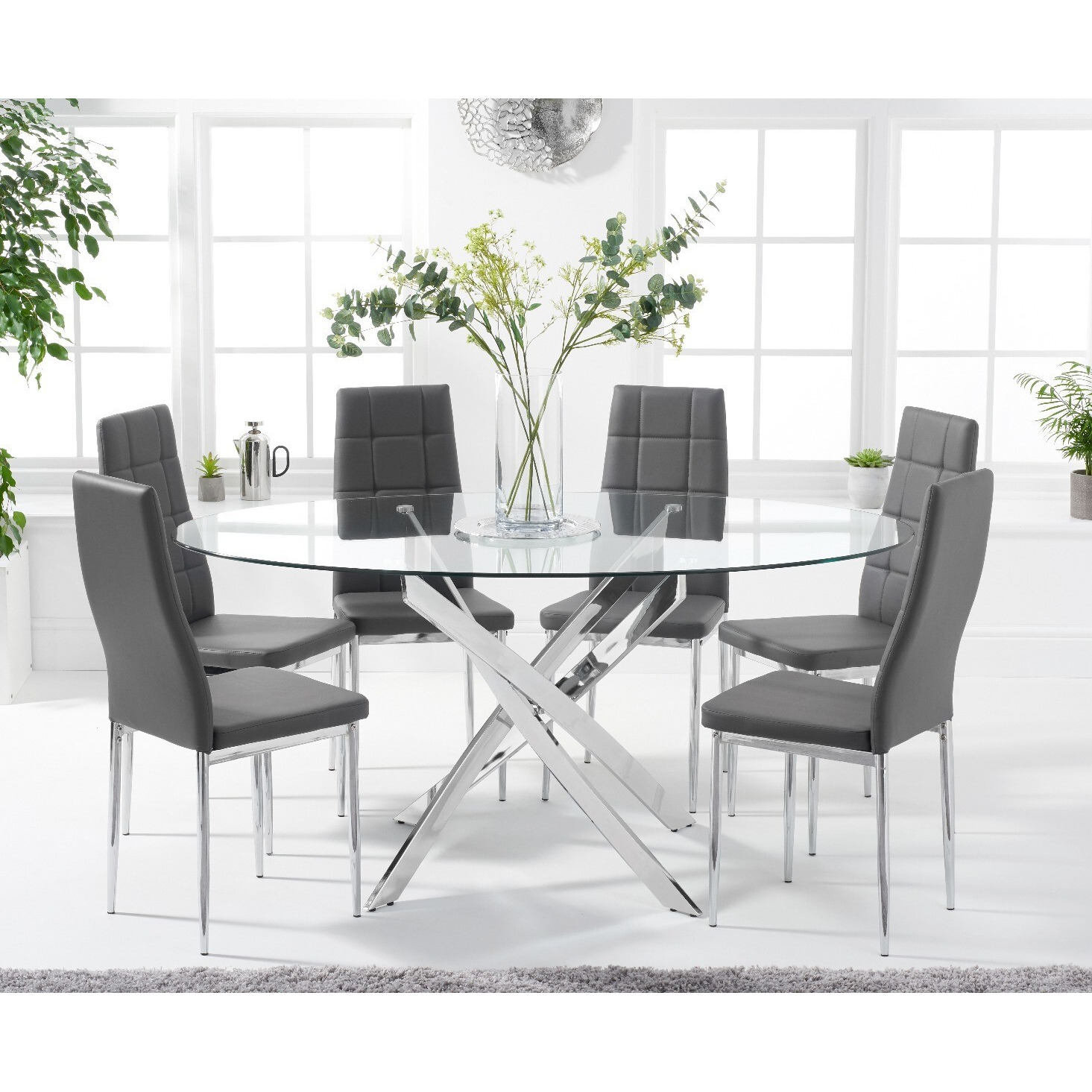 Bernini 165cm Oval Glass Dining Table With 6 Grey Angelo Faux Leather Chairs by Oak Furniture ...