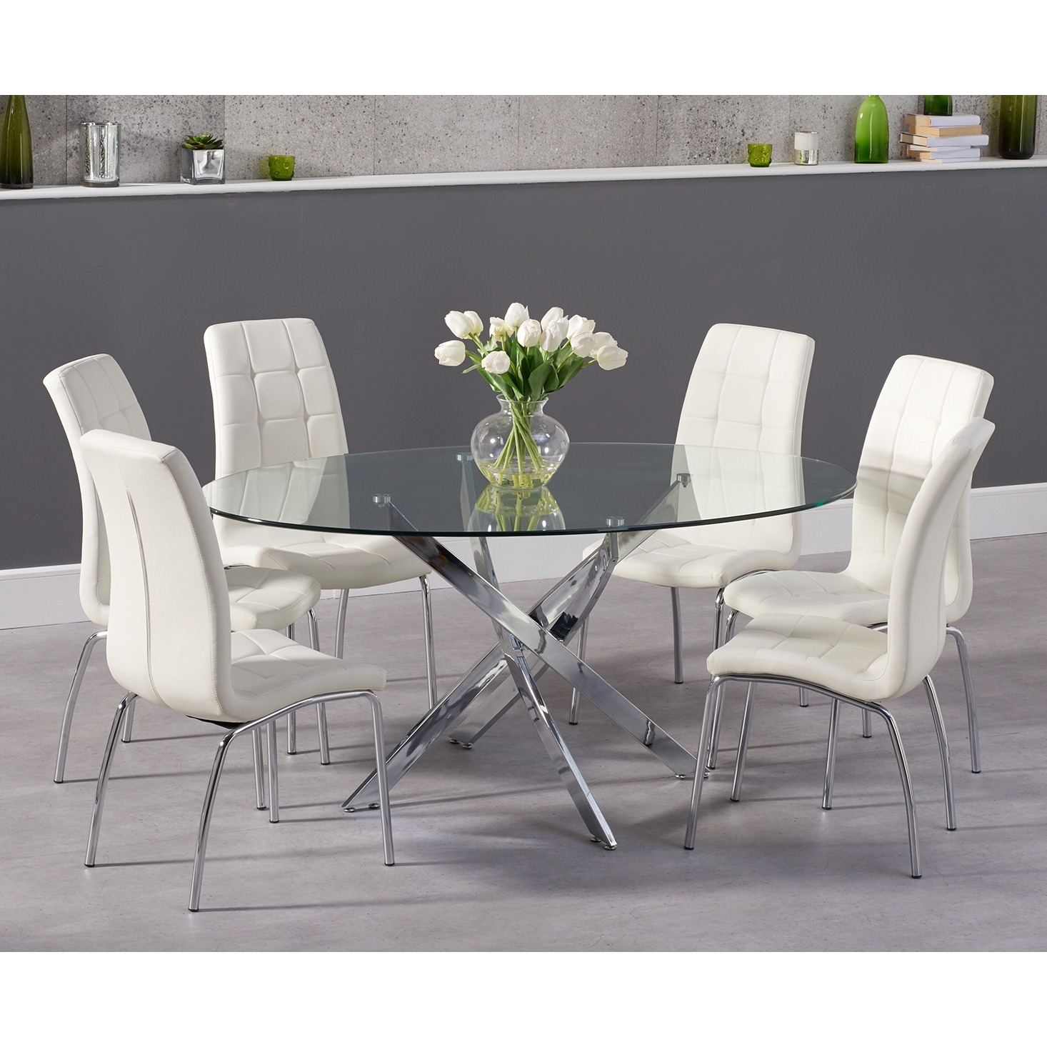 Bernini 165cm Oval Glass Dining Table With 4 Red Enzo Chairs by Oak Furniture Superstore
