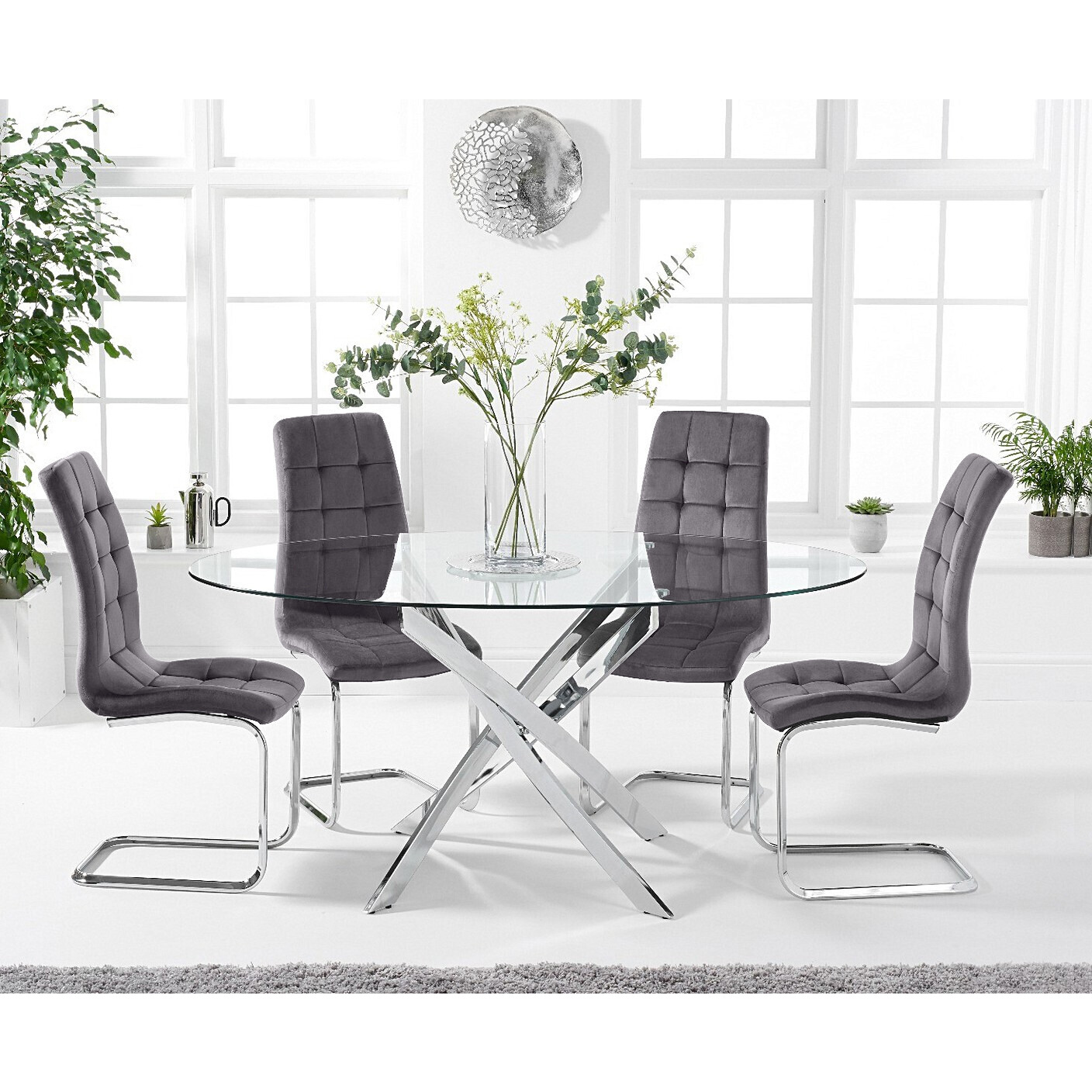 Bernini 165cm Oval Glass Dining Table With 6 Grey Vigo Velvet Chairs by ...