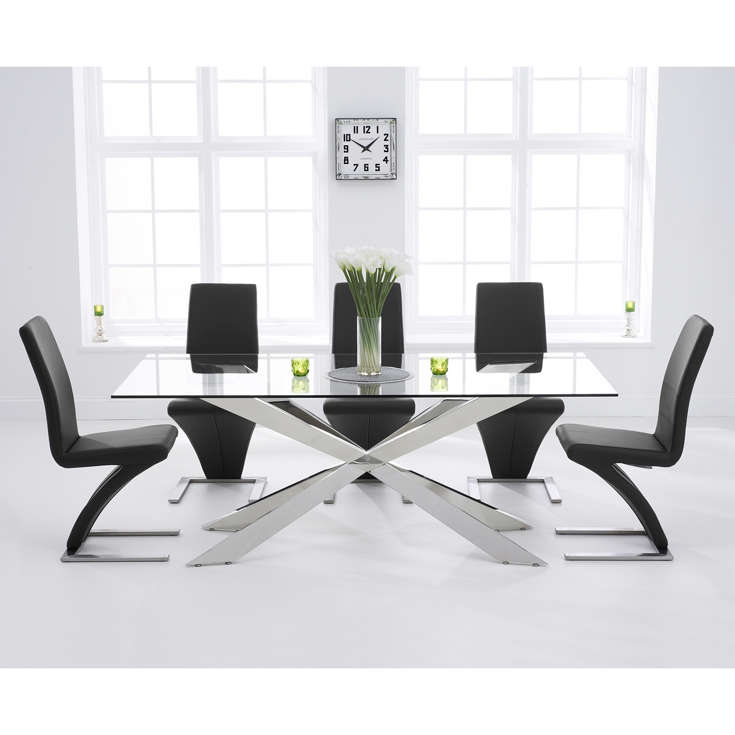Canova 200cm Glass Dining Table with 6 Black Aldo Chairs by Oak Furniture Superstore