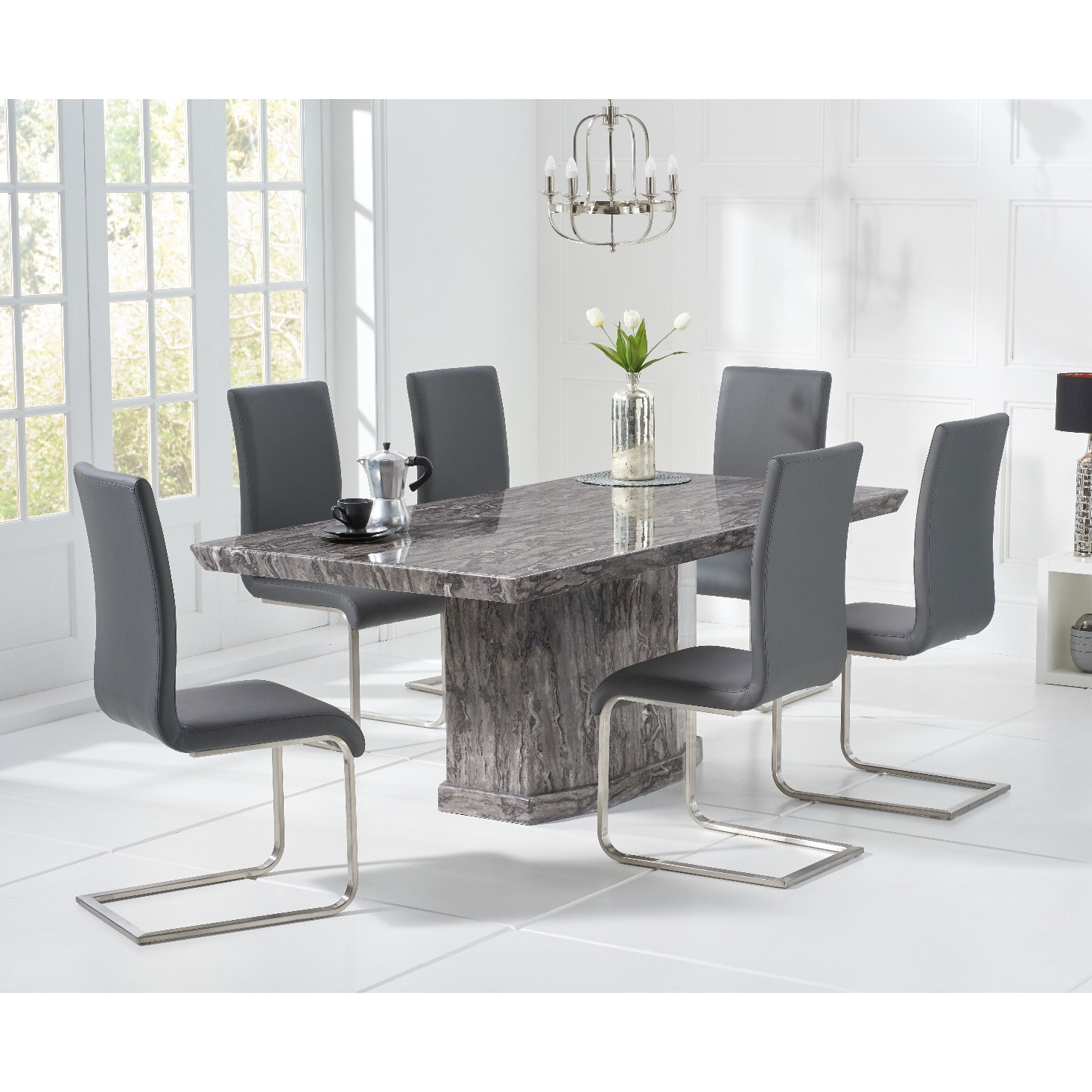 Carvelle 160cm Dark Grey Pedestal Marble Dining Table With 4 Black