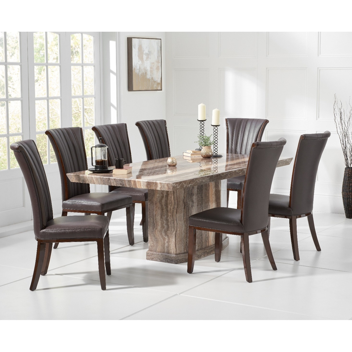 Carvelle 200cm Brown Pedestal Marble Dining Table With 6 Brown Alpine