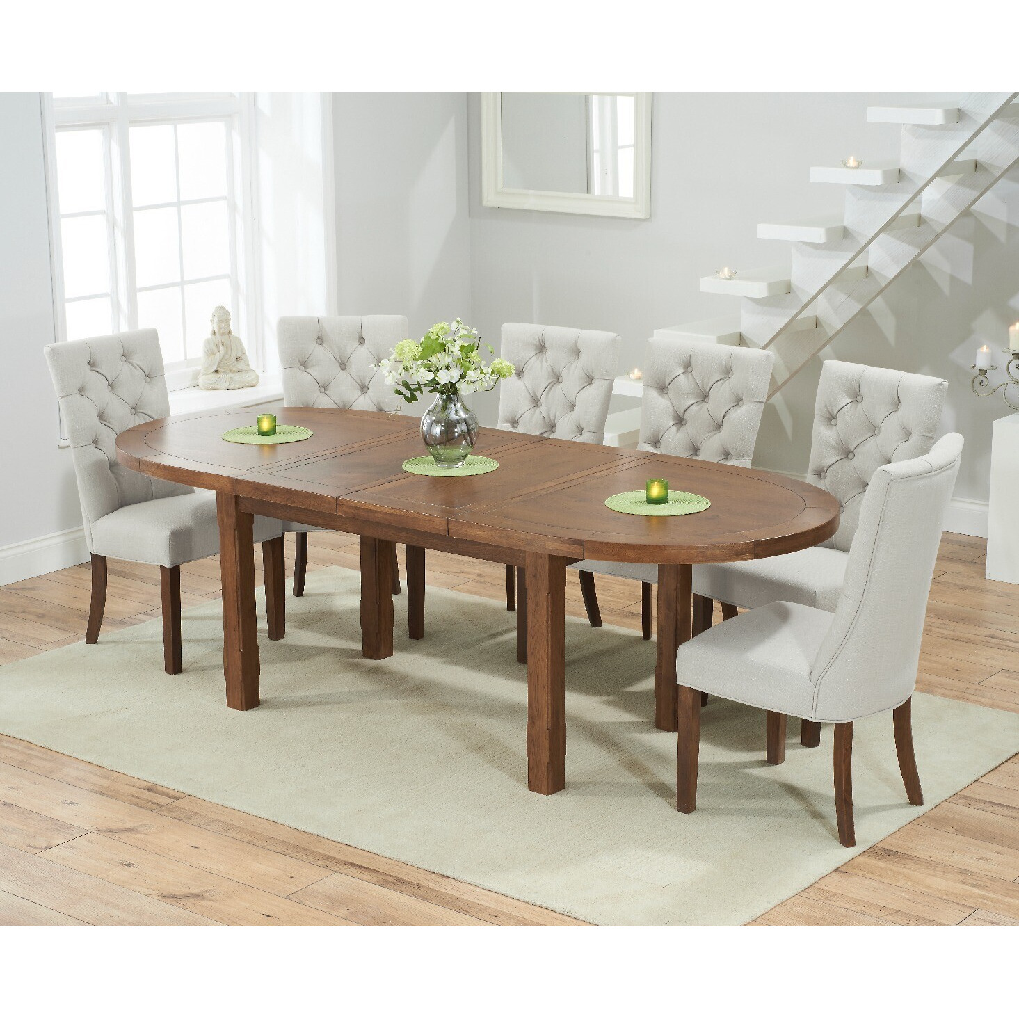 Caversham Dark Oak Extending Dining Table With 4 Grey Francois Fabric Dark Oak Leg Chairs by Oak ...