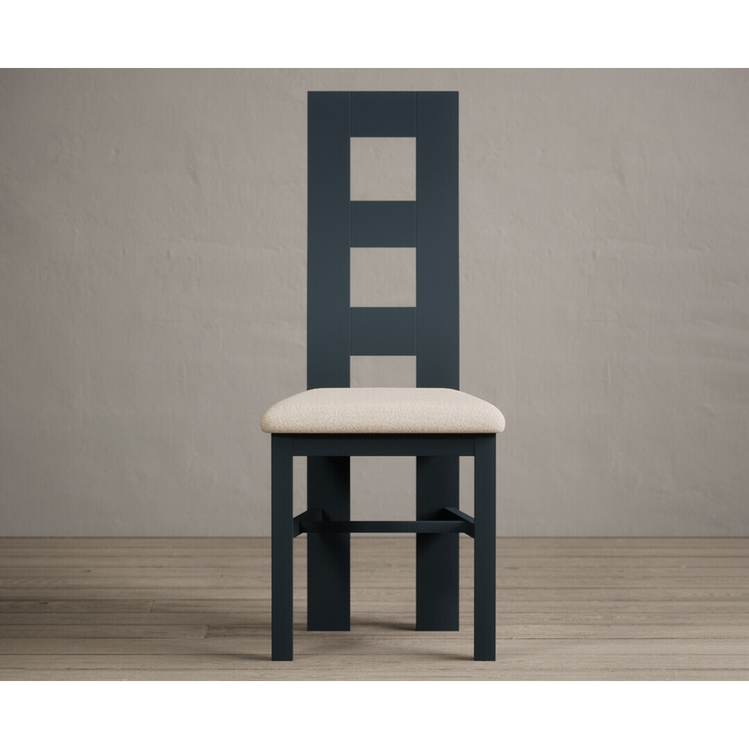 Painted Dark Blue Flow Back Dining Chairs with Linen Fabric Seat Pad by