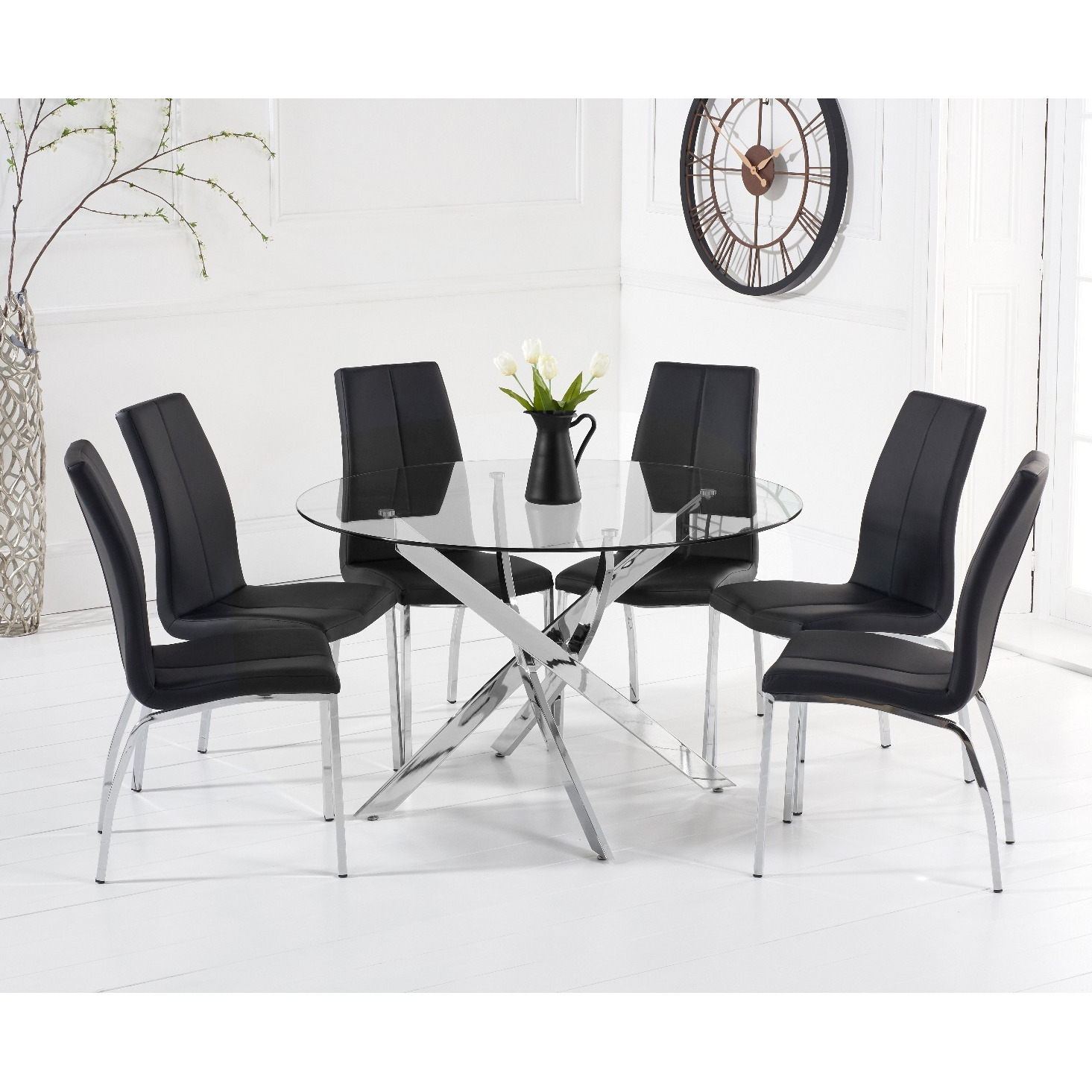 Denver 120cm Glass Dining Table with 4 Black Marco Chairs by Oak Furniture Superstore