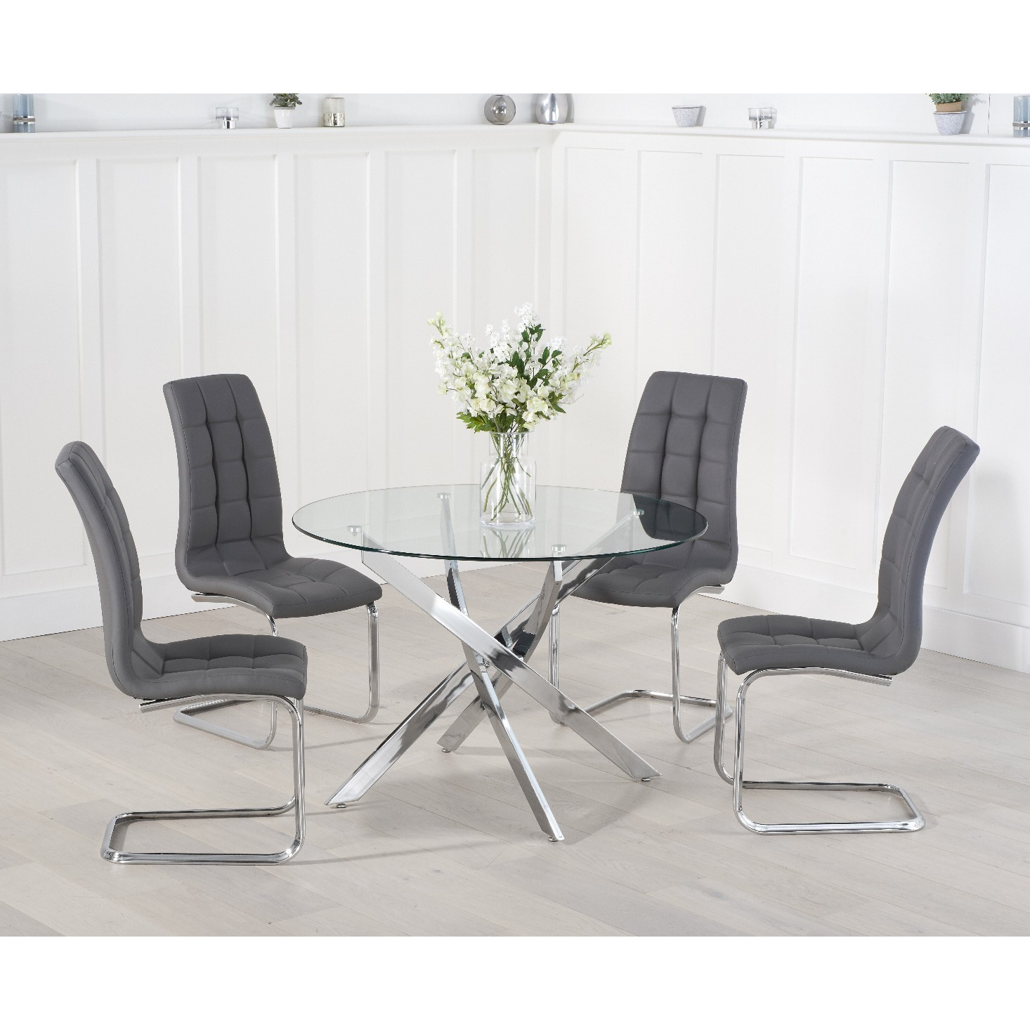 Denver 120cm Glass Dining Table with 4 Grey Vigo Chairs by Oak Furniture Superstore