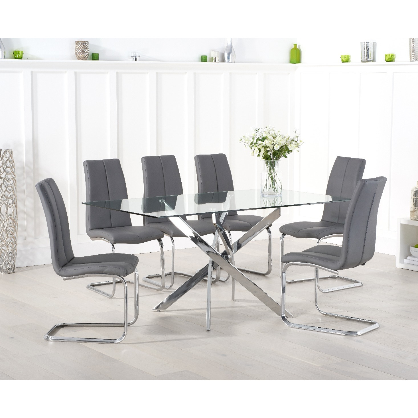 Denver 160cm Glass Dining Table With 8 Grey Gianni Chairs by Oak Furniture Superstore