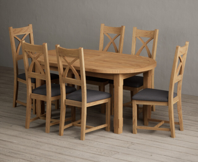 Extending Caversham Oak Oval Dining Table with 6 Linen Natural Solid ...