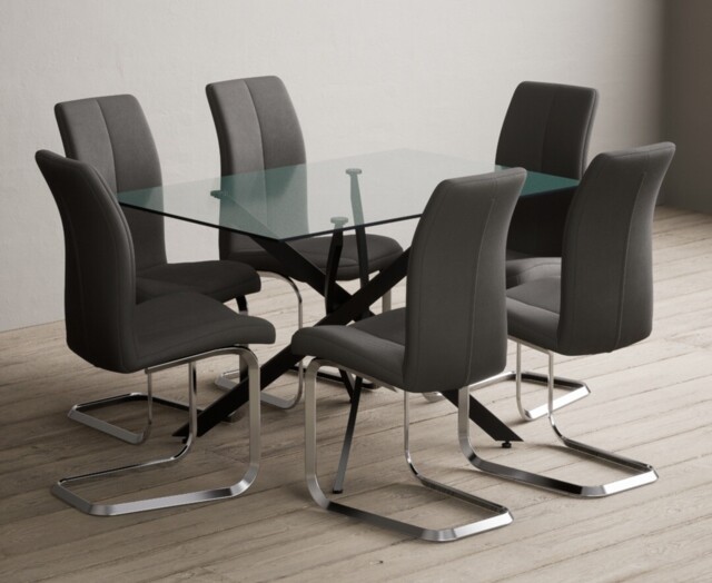 Bernini 120cm Black Leg Rectangular Glass Dining Table with 4 Grey