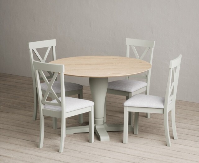 Round Soft Table Ancona Oak and Soft Green Painted 120cm Round Dining Table with 4 Brown ...
