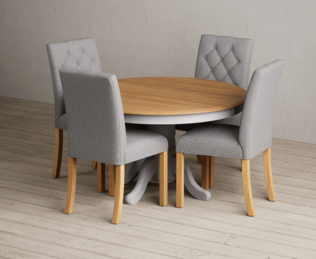 Hertford 120cm Fixed Top Oak and Light Grey Painted Dining Table with 6 ...