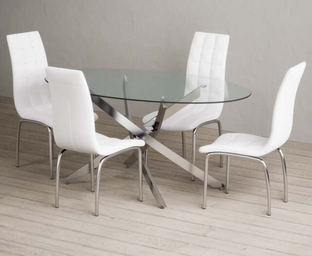 Bernini 165cm Oval Glass Dining Table with 4 White Enzo Chairs by Oak Furniture Superstore ...