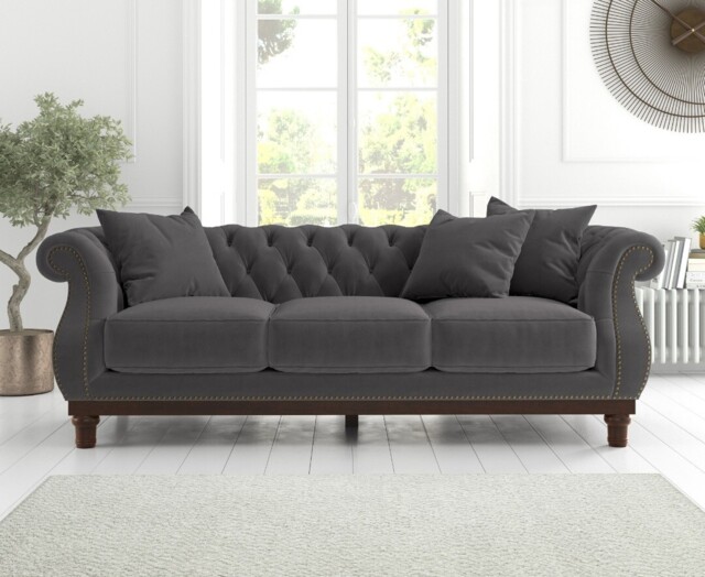 Harrow Chesterfield Dark Grey Velvet 3 Seater Sofa by Oak Furniture ...