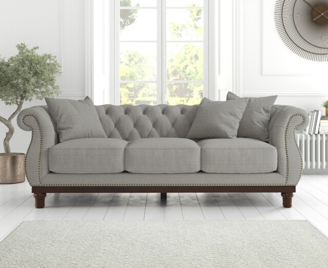 Harrow Chesterfield Grey Linen Fabric 3 Seater Sofa by Oak Furniture ...