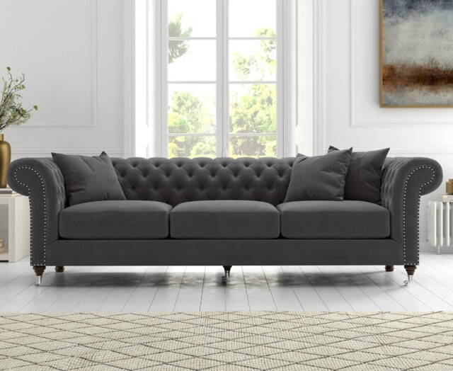 Kensington Chesterfield Dark Grey Velvet 3 Seater Sofa by Oak Furniture ...