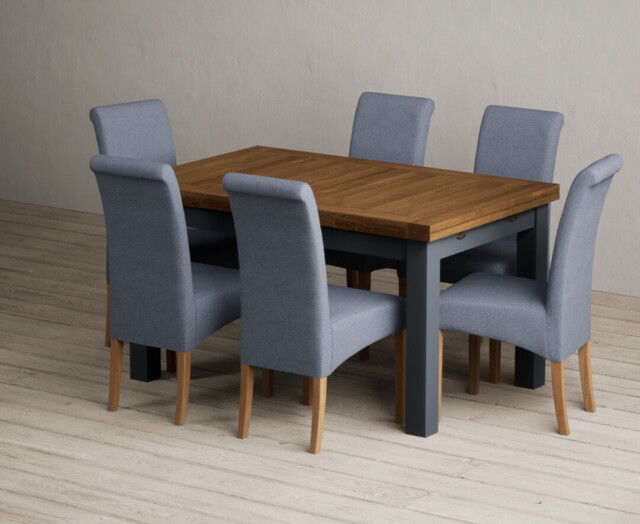 Extending Buxton 140cm Oak and Dark Blue Painted Dining Table with 6 Natural Scroll Back Chairs ...