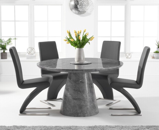 Ravello 130cm Round Grey Marble Dining Table with 4 Black Aldo Chairs ...