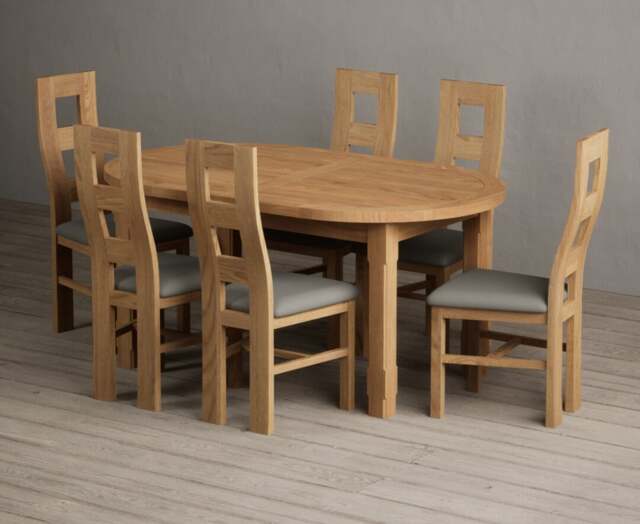 Extending Caversham Oak Oval Dining Table with 8 Grey Natural Solid Oak ...
