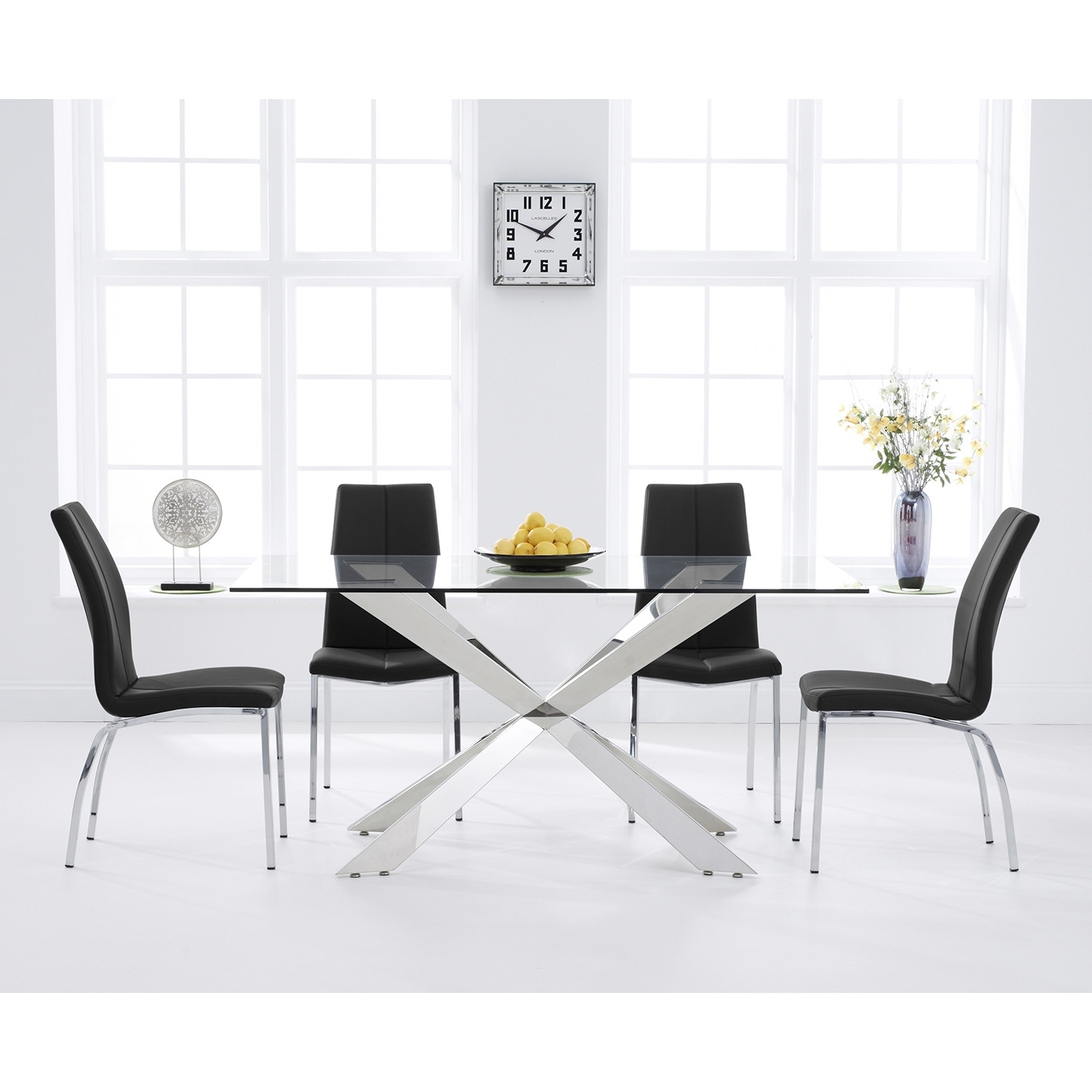 Juniper 160cm Glass Dining Table with 8 Black Marco Chairs by Oak Furniture Superstore