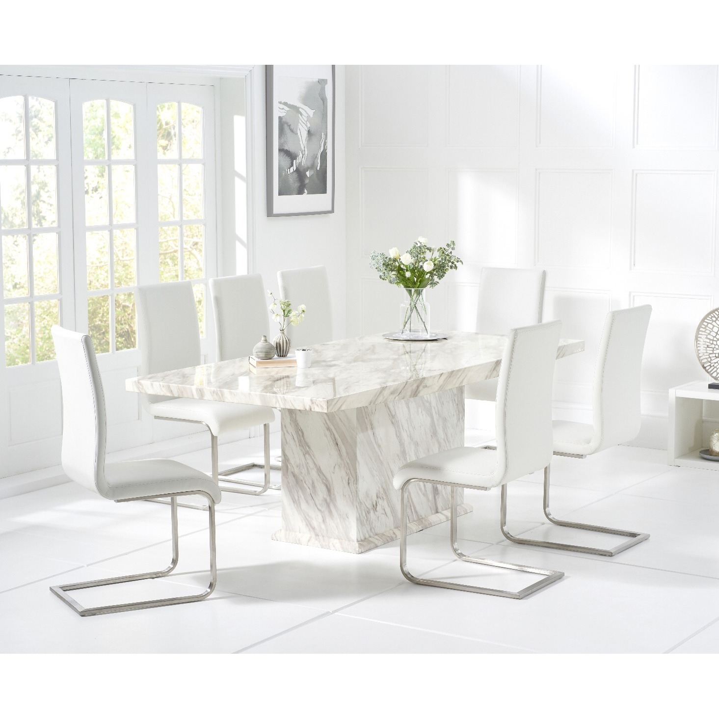 Marino 180cm Marble Dining Table With 8 White Malaga Chairs by Oak