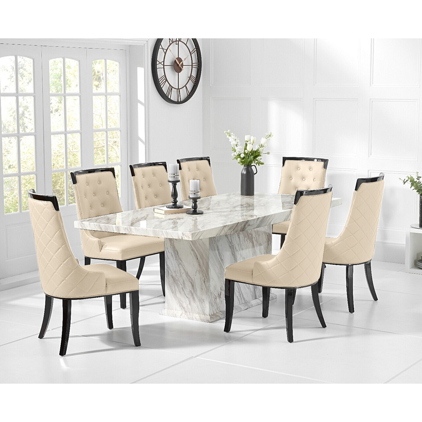 Marino 220cm MarbleEffect Dining Table With 12 Cream Francesca Chairs