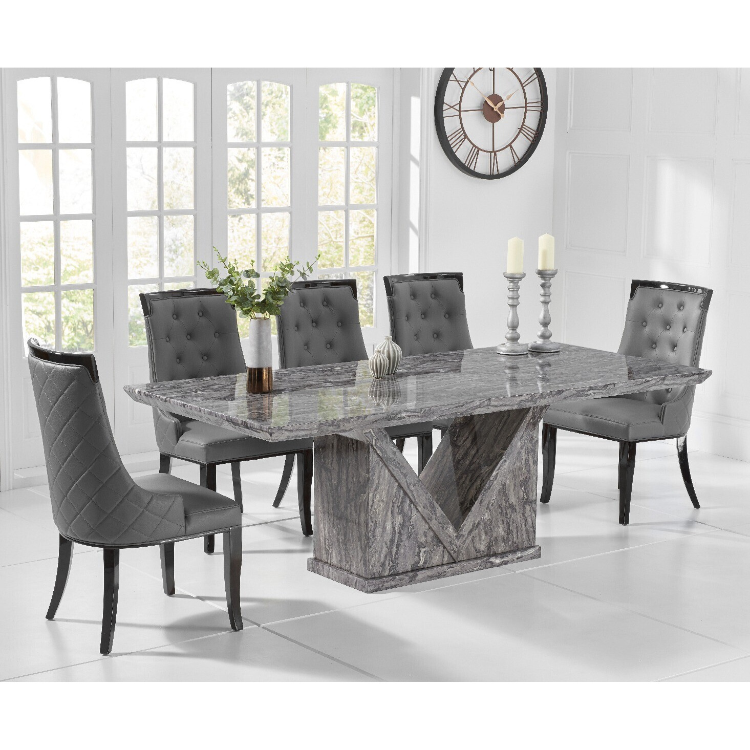 Milan 220cm Grey Marble Dining Table With 10 Grey Francesca Chairs by Oak Furniture Superstore ...