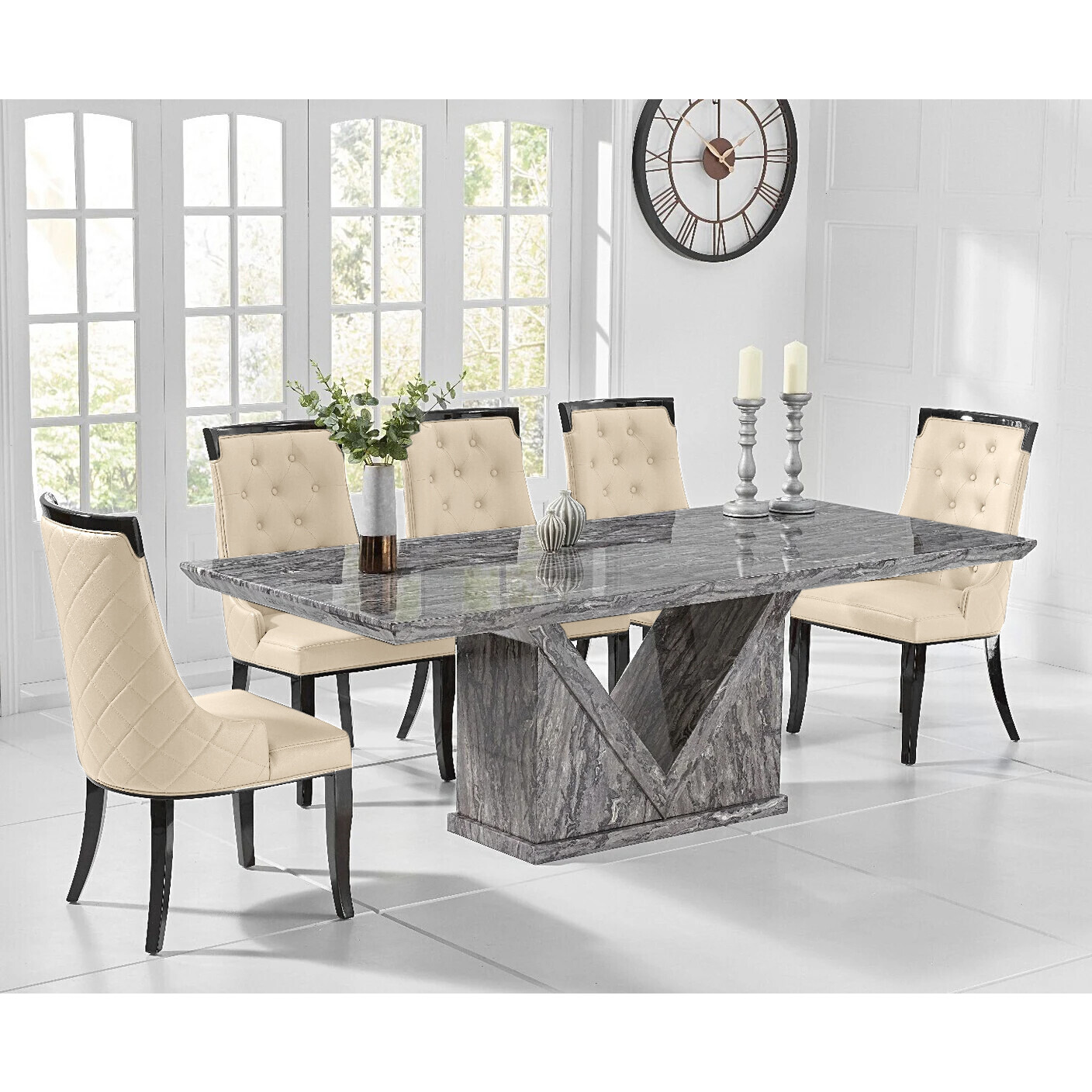 Milan 220cm Grey Marble Dining Table With 8 Cream Francesca Chairs by