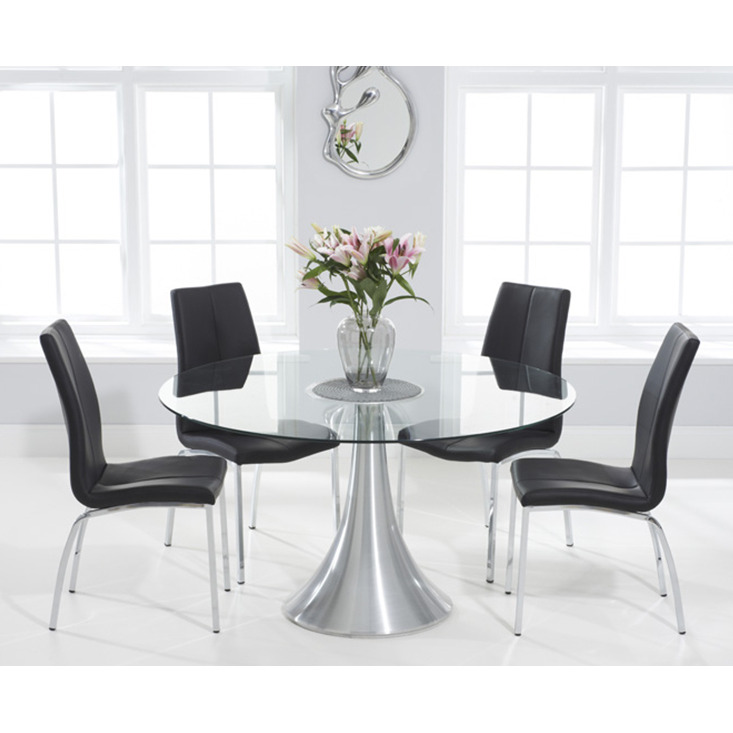 Paloma 135cm Round Glass Dining Table with 6 Grey Marco Chairs by Oak Furniture Superstore